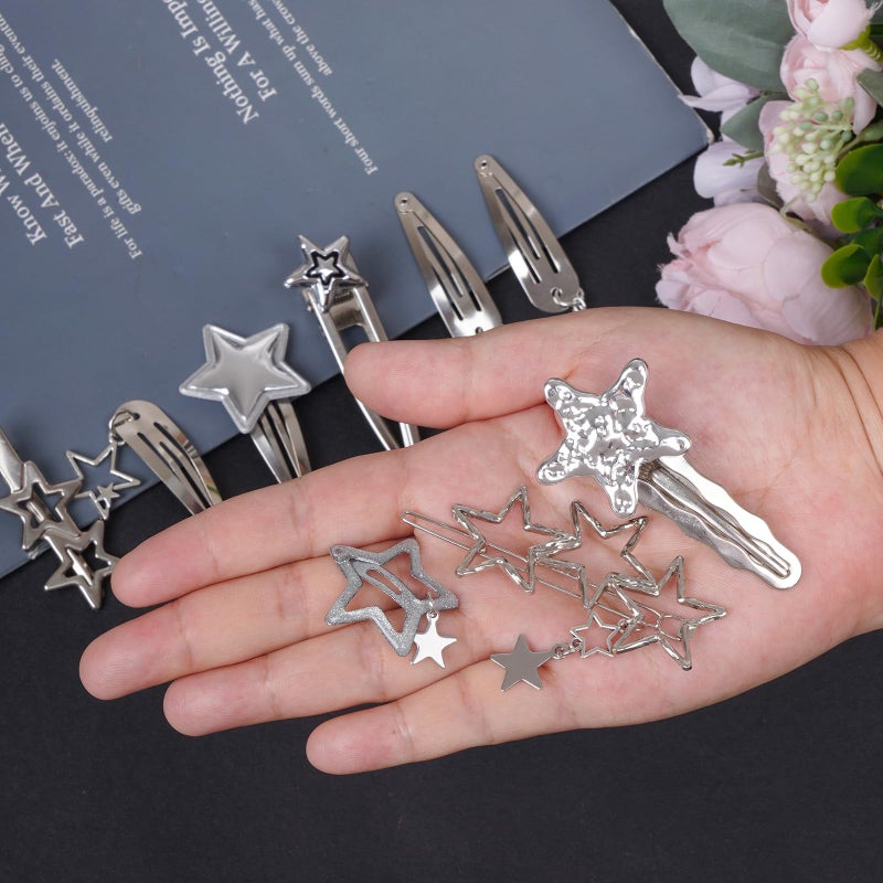yeabwps 14 Pcs Y2K Silver Star Hair Clips Metal Barrettes 10 Shapes Non-Slip Snap Hair Accessories for Girls Punk Kawaii 2000s Hair Clips for Women (Silver) - Image 3